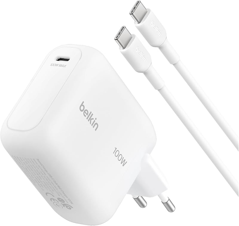 Carregador USB C BoostCharge, Carregador Rápido GAN de 100W, Ficha de Parede USB C, Cabo USB C de 1,5 m, Carregamento Rápido, iPhone 17, Samsung Galaxy S26, Pixel 10, AirPods, Tablets, MacBook - Branco