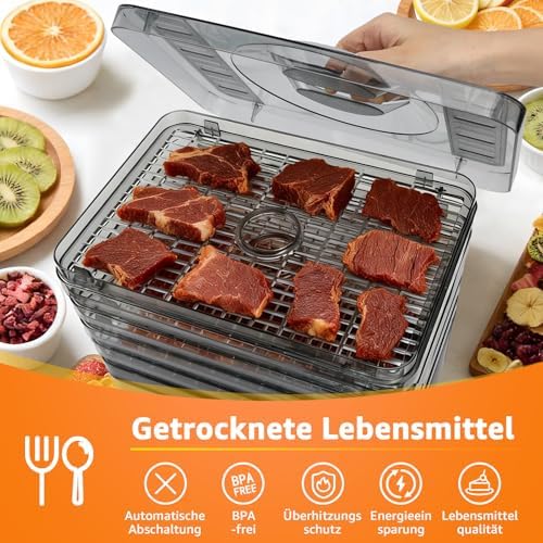 Crispy - Dörrautomat, Dörrgerät mit Temperaturregler, 240W, 35-70°C, 99h-Timer, 5 Einlegefächer, Dörrautomat Edelstahl für Fleisch, Obst, Gemüse, Dehydrator - BPA frei