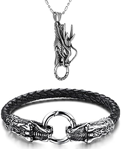 龍 ネックレス ペンダント ドラゴン ブレスレット レザー Aroncent ネックレス ステンレス ブレスレット メンズ ロック 2点セット パック系 ロック系 ファッションメンズ アクセサリー Parapentefamily Com