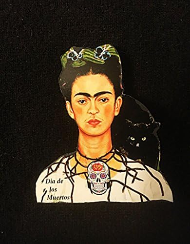 Frida Kahlo Pin Day of the Dead, Handcrafted Wood, Dio de Muertos, Mexican Painting, Art Lover's Gift, Halloween Jewelry, Black Cat