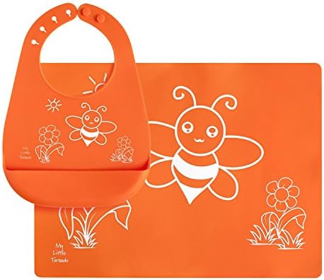 Silicone Placemat and Bib with Pocket Set for Baby, Kids - Food Grade, Reusable, Orange Bee