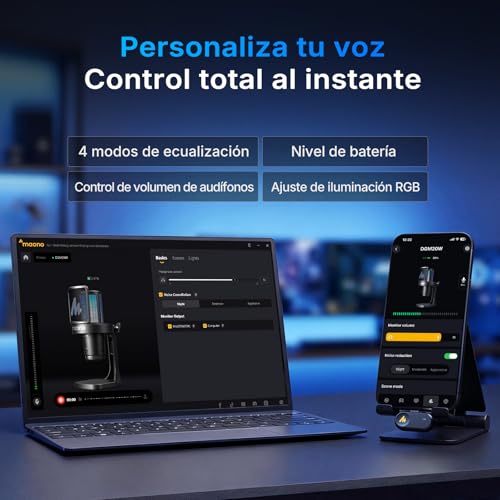 MAONO DGM20W - Micrófono Inalámbrico/USB para PC, Micrófono Condensador para Juegos, Podcasting y Streaming, Micrófono RGB con Cancelación de Ruido, Botón de Silencio, Perilla de Ganancia (Negro)