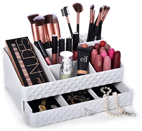 Cosmetic Storage Box Organizer - Compartments to Organize and Store Your Cosmetics Makeup and Accessories. Drawer with Padding to Protect Jewelry. Will Sit Neatly on Vanity or Bathroom Countertop.