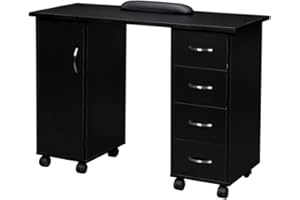 Kcelarec Manicure Nail Desk for Technician, Acetone Resistant Wooden Salon Spa Nail Table Station w/Cabinet, Drawers, Controllable Wheels (Black)