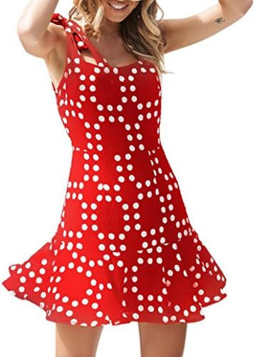 Elogoog Women Dress Women's Bohemian Summer Red Wave Dot Print Sleeveless Bodycon Backless Evening Party Short Mini Dress (Red, L)