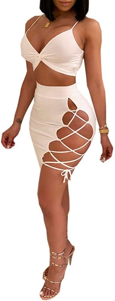 Women's Sleeveless Sexy Club Party Bandage Dresses Spaghetti Strap Two Piece Clubwear Crop Top + Lace Up Skirt