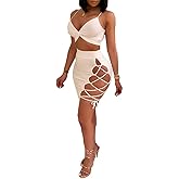 Women's Sexy Sleeveless Bodycon Club Mini Dress 2024 Summer Spaghetti Strap Cut Out Two Piece Skirt Sets