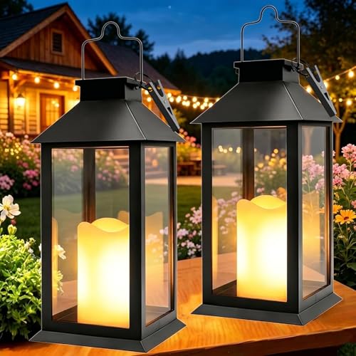 Yowin Solar Lanterns for Outside 2 Pack 22cm Tempered Glass Hanging Solar Lights Outdoor Garden with Flickering Candle, Waterproof Outdoor Lanterns for Patio Pathway Balcony Mother Gift Decorations