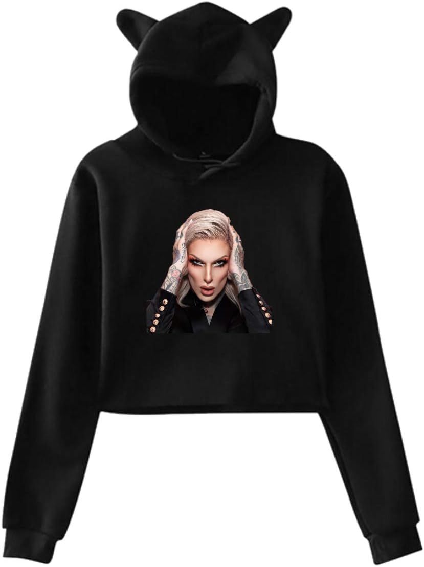 Jeffree Star Woman Cat Ear Sweater Harajuku Punk Black Crop Tops Long Sleeve Pullover Hoodie XXL
