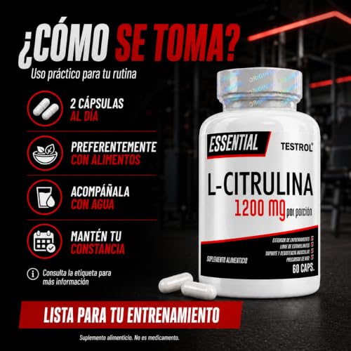 L Citrulina Essential 1200 mg, precursor natural del óxido nítrico que ayuda a la circulación y procesos de vasodilatación. Testrol Citrulina Essential (60 CAPSULAS)