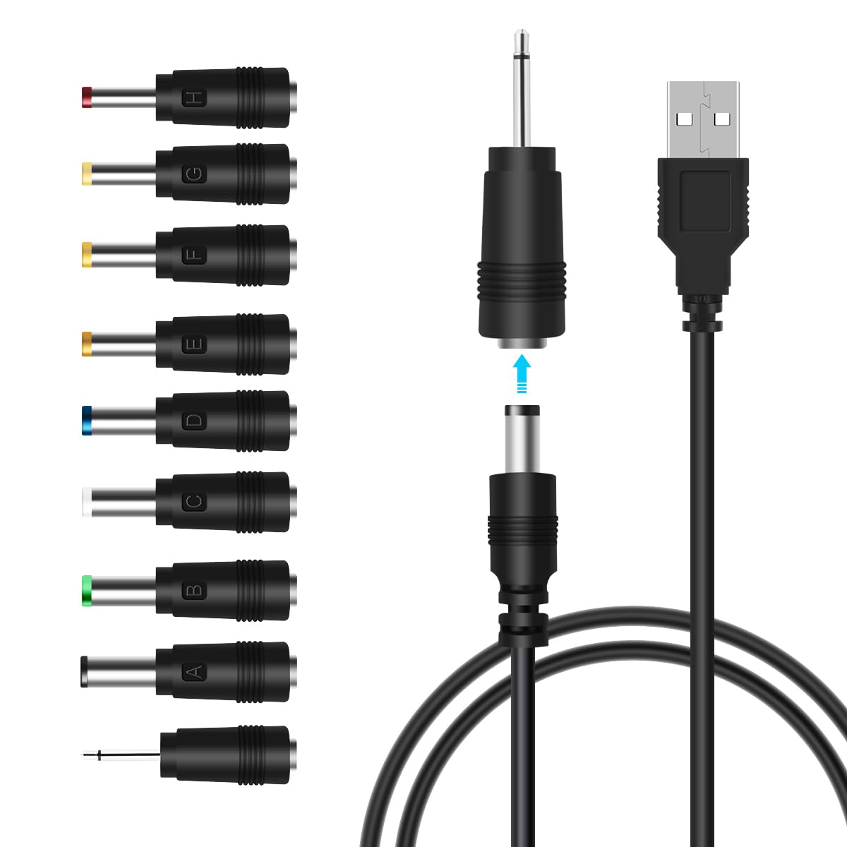 Photo 1 of LANMU USB to DC Power Cable, DC 5V Power Cord Charging Cable with 9 Adapters (6.4 * 4.4mm, 6.3 * 3.0mm, 5.5 * 2.5mm, 5.5 * 2.1mm, 5.5 * 1.7 mm, 4.8 * 1.7 mm, 4.0 * 1.7 mm, 3.5 * 1.35 mm, 2.5mm)