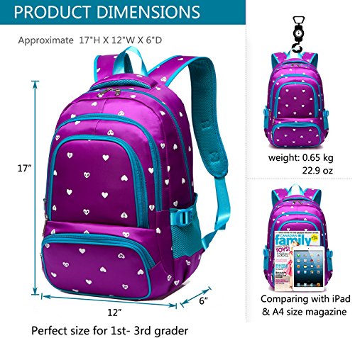 Fashion Girls Backpack for Kids Elementary School Bag Girly Bookbag Children 17 Inch Nylon Heart Print (Purple & Blue)