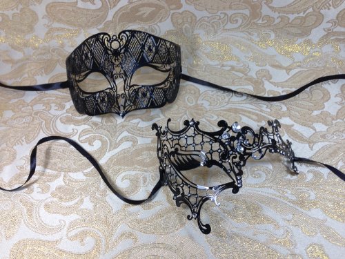 His & Hers Masquerade Couples Venetian Design Masks - 2 Piece Black Colored Set Metal Mask - Perfect Couple Mardi Gras Queen Party Halloween Ball Prom by BK