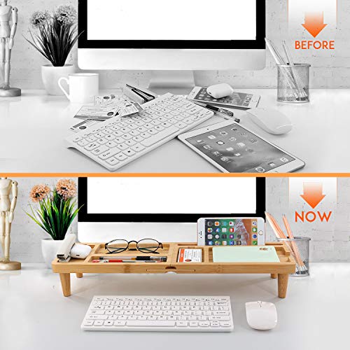 Bamboo Desk Organizer Tray for Saving Space, Office Desktop Small Objects Storage Holder Hide Keyboard Wood Shelf for Phone, Tablet, Glasses, Pen, and More Accessories