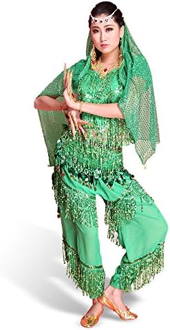 Belly Dance Costume, SymbolLife Professional Belly Dance Costume Performance Costume, Halter Bra Top + Pants + Long Waist Belt + Head Scarf + Bracelet + Armlet + Face Scarf Green