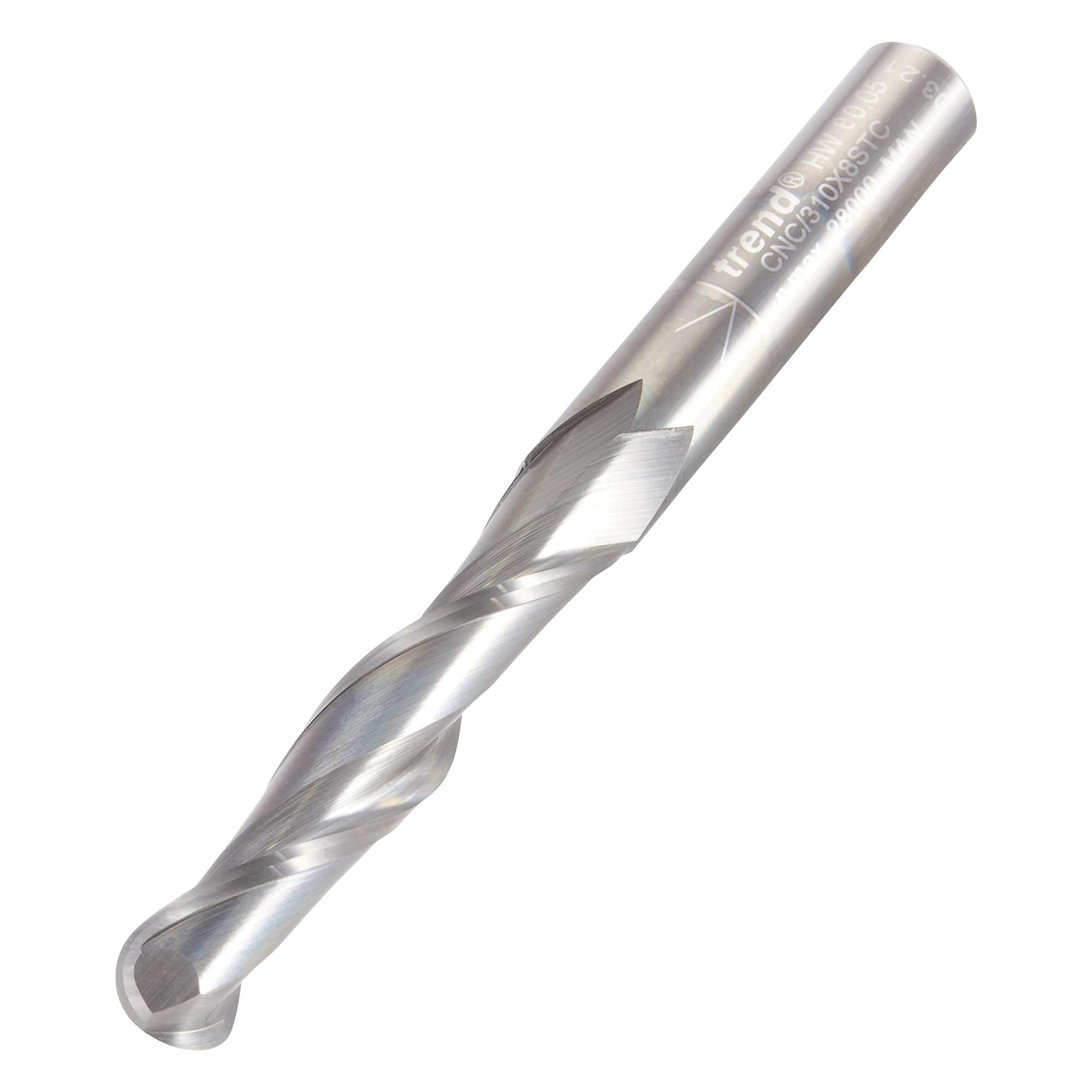 Trend CNC Bullnose Spiral Up-Cut Two Flute Router Cutter, 8mm Shank, 8mm Cut Diameter & 42mm Cut Length, Solid Tungsten Carbide, CNC/310X8STC