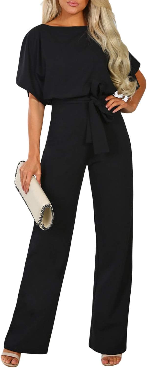 Womens Casual Short Sleeve Belted Jumpsuit Long Pants Back Keyhole Overall Romper Playsuit