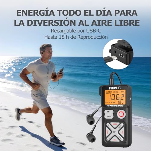 PRUNUS J-988 FM/Am Digital Radio with Manual Preset, Small Portable Radio with Headphone/TF Card Slot, USB-C Charging, Pocket Radios with Back Clip for Walking, Traveling