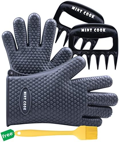 Mint Cook BBQ Silicone Gloves and Barbecue Pulled Pork Claws Set, Heat Resistant Grilling Oven Gloves Mitts with Meat Shredder and Silicone Basting Brush for Cooking, Grilling, Baking (Black)
