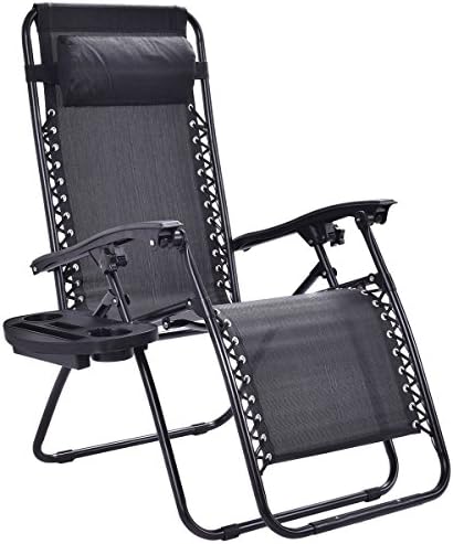 Folding Zero Gravity Reclining Lounge Chairs Outdoor Beach Patio with Utility Tray Cup Holder, Black