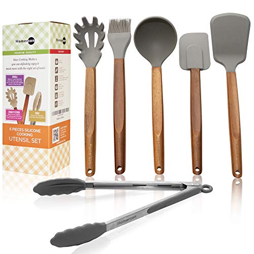 Homerzon Silicone Cooking Utensils Set - Wooden Silicone Kitchen Utensil Set - Acacia Spoon Spatula Tongs