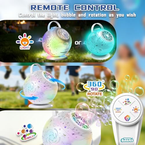 Rechargeable Bubble Machine 360° Rotation LED Lights, Automatic Bubble Blower for Outdoor Party Birthday Gift for Kids