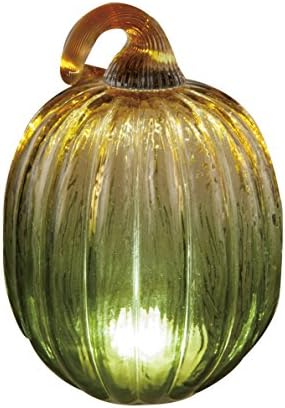 Lighted Green Blown Glass Pumpkin Figurine with Timer - 7.25 Inch