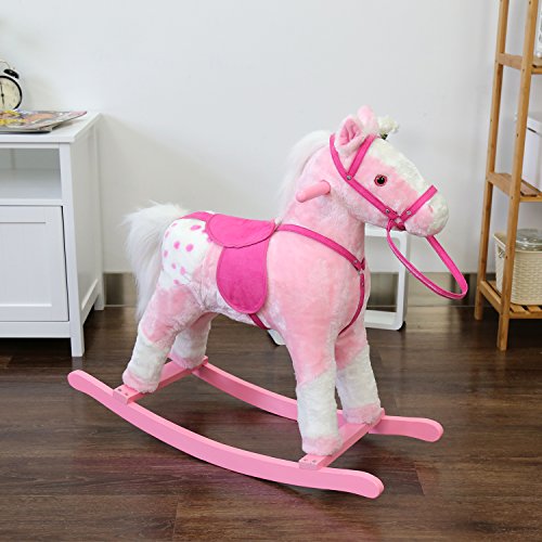 Kinbor Baby Kids Toy Plush Wooden Rocking Horse Boy Riding Rocker with Sound, Pink