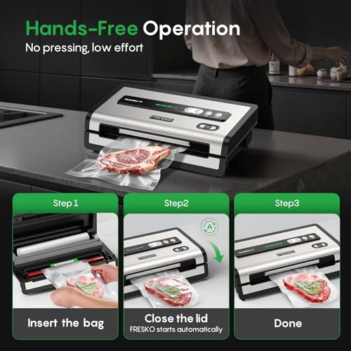 FRESKO Automatic Vacuum Sealer for Food, Hands-Free Operation Food Sealer, Continuous Seal 50 Bags in 20 Mins, Built-in Cutter & Roll Storage, Powerful Suction for Meal Prep & Bulk Food Storage