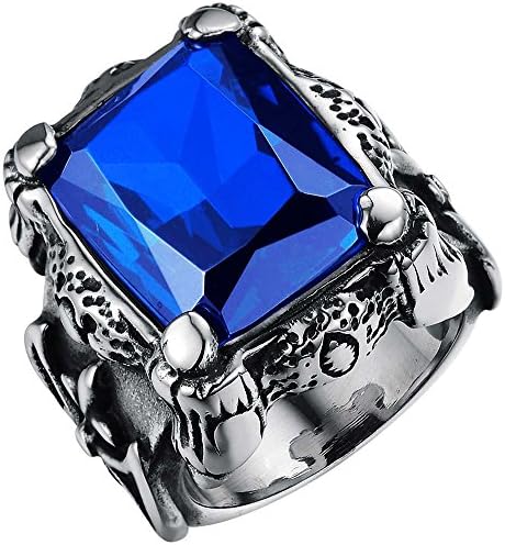 XAHH Mens Stainless Steel Vintage Gothic Sapphire Blue Crystal Dragon Claw Knight Cross Flower Large Ring