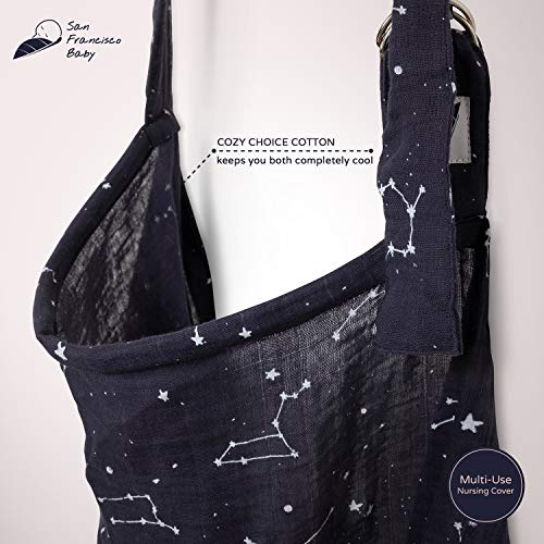 Cotton Muslin Nursing Cover - Large Breastfeeding Cover with Built-in Burp Cloth & Pocket - Soft, Breathable, Chemical-Free, 360° Coverage, Multiuse Nursing Cover by San Francisco Baby - Black