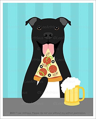 409D - Black Pit Bull Dog Eating Slice of Pizza and Drinking Beer UNFRAMED Wall Art Print by Lee ArtHaus