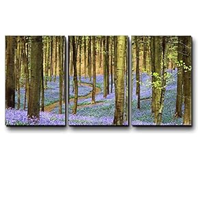 Three Piece Canvas - Tree Forest During Spring Time with Lavender Flowers on The Ground on 3 Panels - Canvas Art Home Art - 16x24 inches