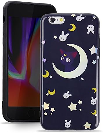 iPhone 6 case, Sailor Moon Luna Cat Japanese Anime Cartoon Holographic Shining Case for iPhone 6/6s Glitter Sparkling Bling Mirror case (Luna Cat)