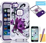 iPhone 5C Case, Tradekmk(TM)Hybrid Three Layers Combo Hard Soft High Impact Hard Back Case Protective Cover Fit For Apple iPhone 5C(Purple),with Stylus Pen,Screen Protector and Cleaning Cloth