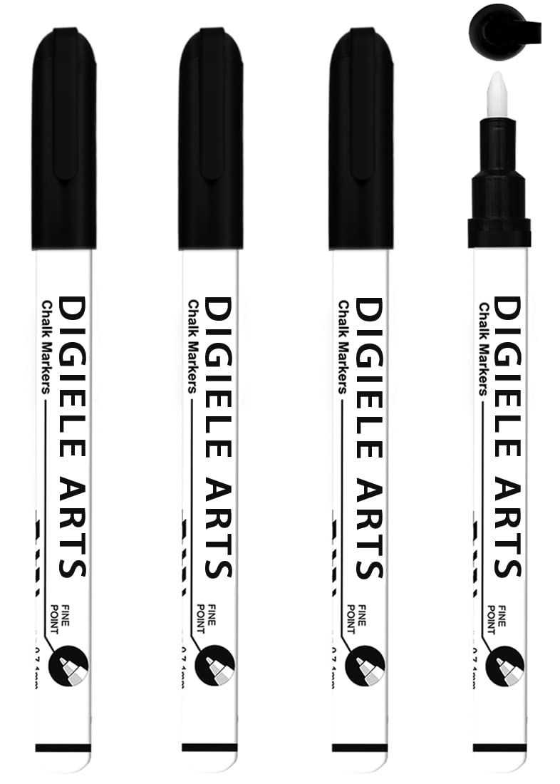 DIGIELE Black Chalk Felt, 0.7-1 mm Fine Tip Chalk Marker, 4 Piece Liquid Chalk Pen Black, Wet or Dry Erasable Slate for Whiteboard, Window, Glass and Mirror