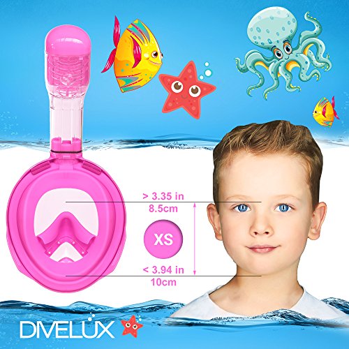 DIVELUX Snorkel Mask - Original Full Face Snorkeling and Diving Mask with 180° Panoramic Viewing - Longer Ventilation Pipe, Watertight, Anti Fog & Anti Leak Technology, for Kids (Pink, XS)
