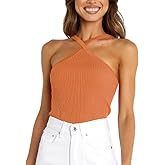 WFHFNJW Women Sexy Criss Cross Ribbed Knit Halter Crop Cami Sleeveless Backless Slim Fit Solid Casual Cropped Tank Top(M,Orange)