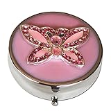 Pink Butterfly and Gemstone Three Compartment Round Silver Pocket/Purse/Travel Pill Box Case