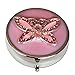 Pink Butterfly and Gemstone Three Compartment Round Silver Pocket/Purse/Travel Pill Box Case