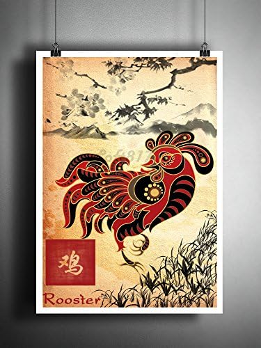 Chinese zodiak Rooster art print, Sumi E ink asian decor, chicken artwork