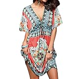 Anself Women Retro Bohemian Dress Paisley Print V-Neck Batwing Sleeve Beach Dress