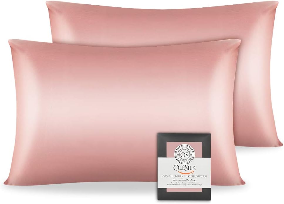 OLESILK 100% Mulbery Silk Pillowcase 2 Pack with Hidden Zipper for Hair and Skin Beauty,Both Sides 19mm Charmeuse Gift Box - Coral Pink, Queen