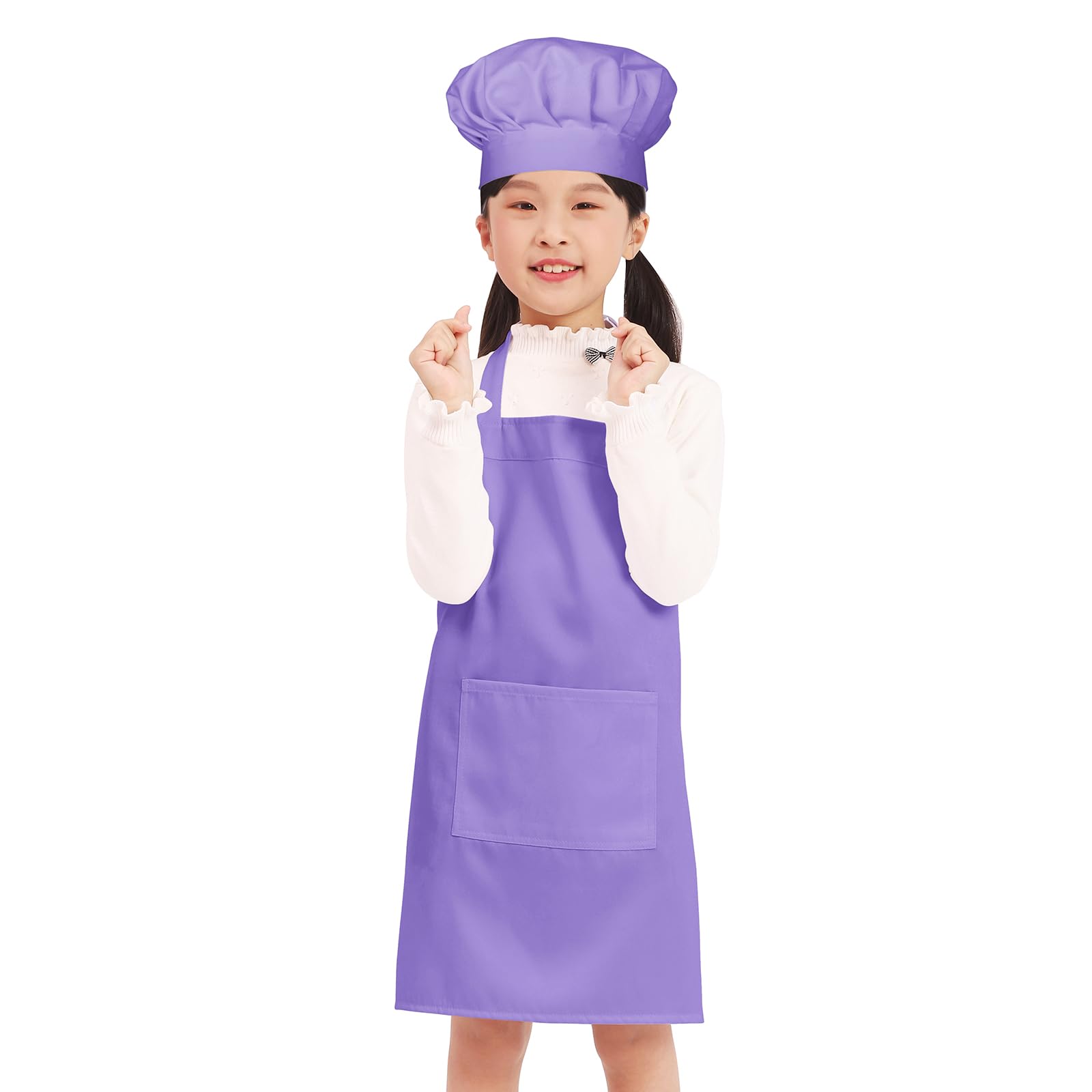 BIGHAS Kids Apron Chef Hat Adjustable Neck Strap Hook and Loop Fastener Design Waistband for Baking, Painting, Cooking (Lavender, (3'3"-3'11") S) — image 1