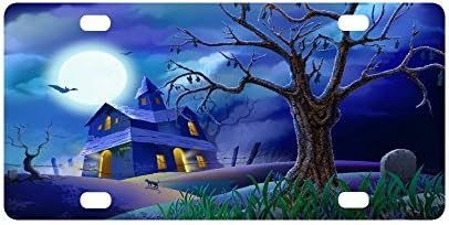 Happy Halloween Night Haunted House Bats Strong And Durable Aluminum Car Metal License Plate Frame for Women/Men Four Holes Tag 12" X 6"