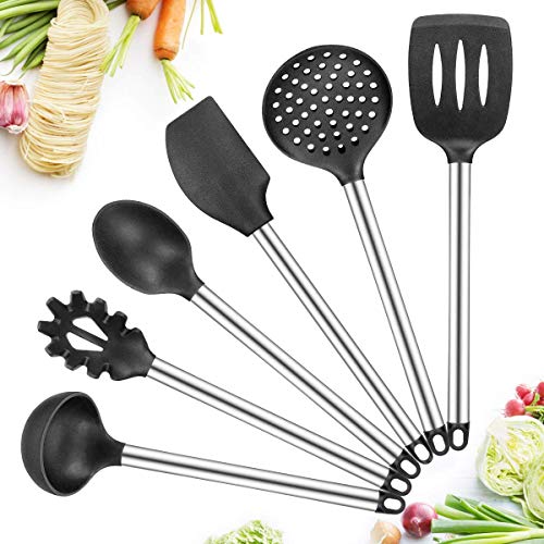 Silicone Kitchen Utensils, 6 Piece Cooking Utensil Non-Stick Stainless Steel Kitchen Tool Cookware Set BPA Free, Spatula, Slotted Turner, Pasta Fork, Skimmer, Spoon, Ladle By KEEMO
