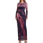 VKIHOC Floral Long Sleeve Maxi Dress Mesh Ruched Bodycon Formal Cocktail Dresses for Women 2026