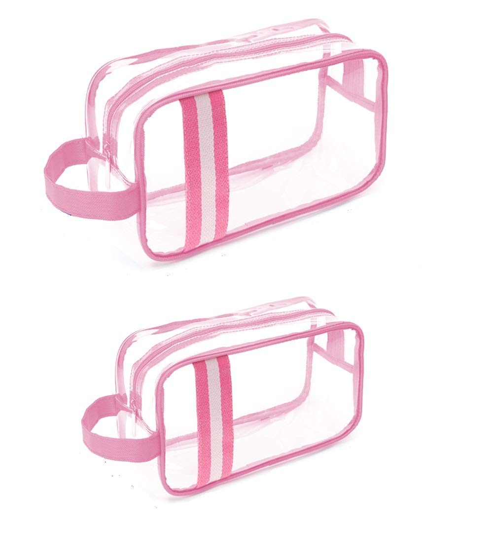 HUIDALI Portable Clear Makeup Bag TPU Material Toiletry Bag Zipper Waterproof Transparent Travel Storage Pouch Cosmetic Toiletry Bag with Handle (2 Pack) (Pink)