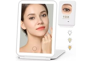Auxmir Travel Makeup Mirror with Light, 1X/10X Magnifying Rechargeable Foldable Ultra Slim Mirror with 3 Light Colors, Dimmab