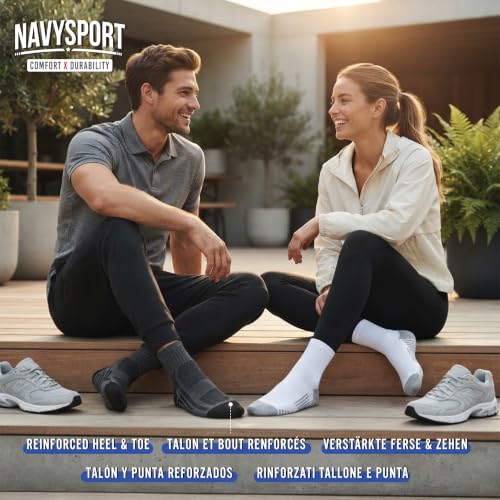 NAVYSPORT 6P Chaussettes de Sport en Coton Homme et Femme | Socquettes Chaussettes Basses Mi-Hautes Hautes | Technologie DRI-WIK d’Évacuation de l’Humidité | Talon, Pointe Renforcés | Lot de 6 Paires